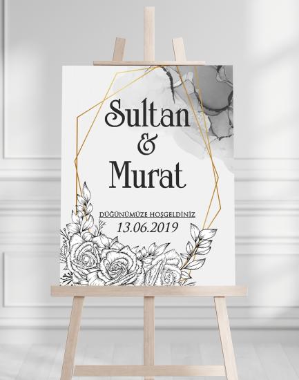 Söz Nişan Düğün İçin 50x70 Karşılama Panosu - Gri Renkli Çiçek Tasarımlı