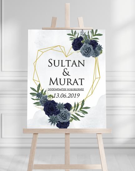 Söz Nişan Düğün İçin 50x70 Karşılama Panosu - Kalpli Çiçek Tasarımlı