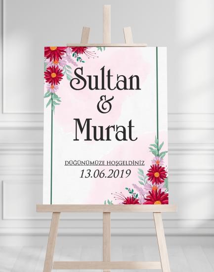 Söz Nişan Düğün İçin 50x70 Karşılama Panosu - Kırmızı Çiçek Desenli