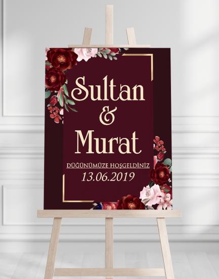 Söz Nişan Düğün İçin 50x70 Karşılama Panosu - Kırmızı Çiçek Temalı