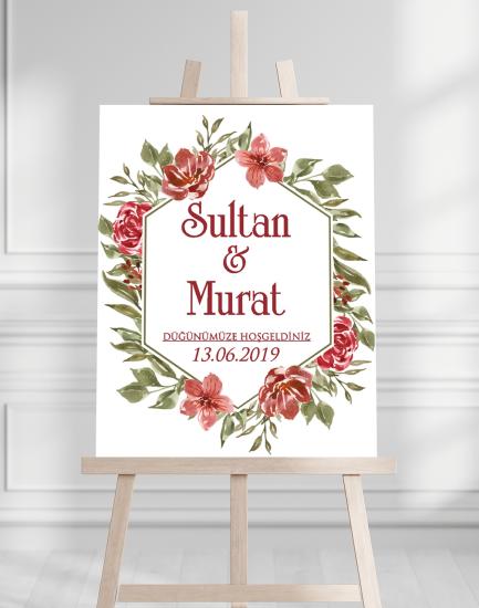 Söz Nişan Düğün İçin 50x70 Karşılama Panosu - Kırmızı Gül Desenli 002