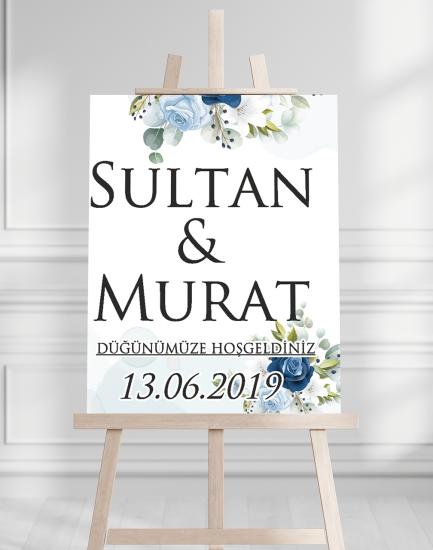 Söz Nişan Düğün İçin 50x70 Karşılama Panosu - Mavi Beyaz Çiçek Tasarımlı