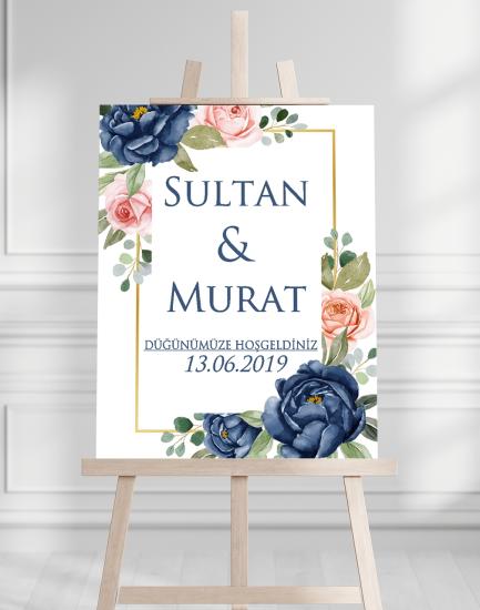 Söz Nişan Düğün İçin 50x70 Karşılama Panosu - Mavi Çiçek Desenli 002