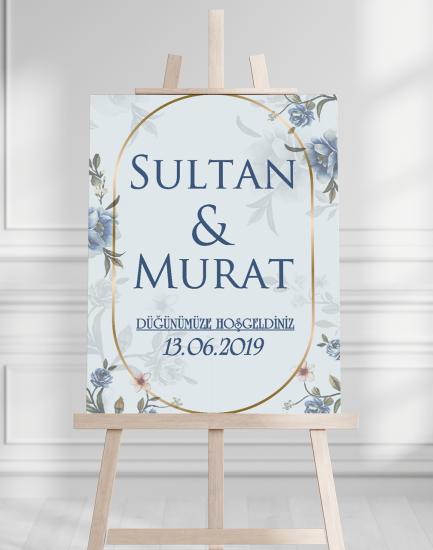 Söz Nişan Düğün İçin 50x70 Karşılama Panosu - Mavi Çiçek Desenli