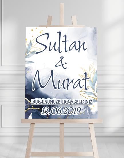Söz Nişan Düğün İçin 50x70 Karşılama Panosu - Mavi Çiçek Özel Tasarımlı