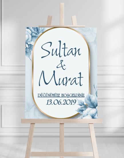Söz Nişan Düğün İçin 50x70 Karşılama Panosu - Mavi Çiçek Tasarımlı 002