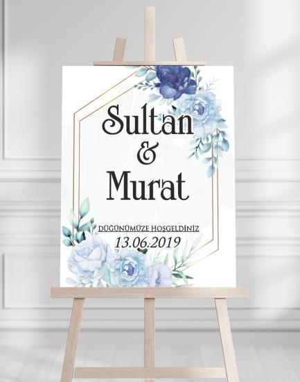 Söz Nişan Düğün İçin 50x70 Karşılama Panosu - Mavi Çiçek Tasarımlı 003
