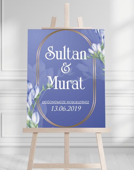 Söz Nişan Düğün İçin 50x70 Karşılama Panosu - Mavi Çiçek Tasarımlı