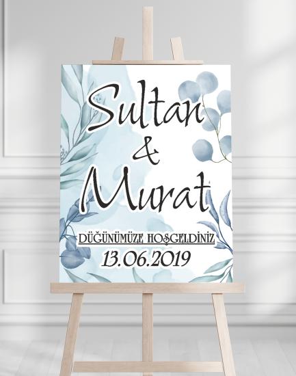 Söz Nişan Düğün İçin 50x70 Karşılama Panosu - Mavi Çiçek Temalı