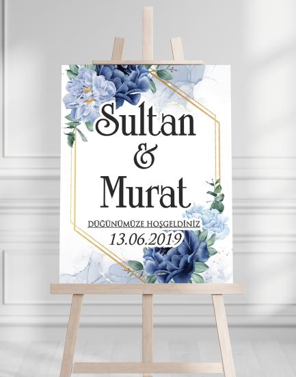 Söz Nişan Düğün İçin 50x70 Karşılama Panosu - Mavi Çiçek ve Yaprak Tasarımlı