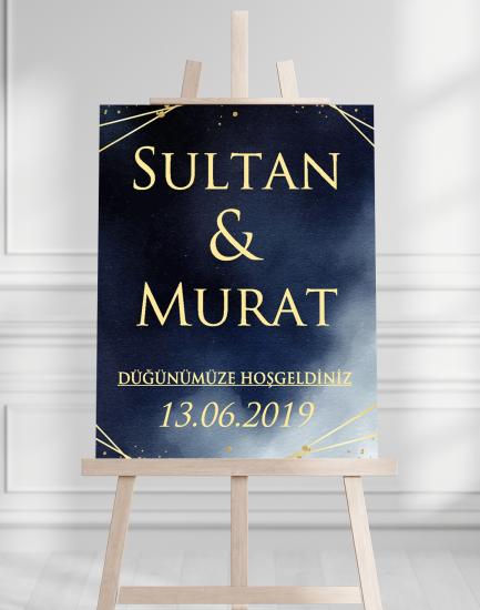 Söz Nişan Düğün İçin 50x70 Karşılama Panosu - Mavi Desenli