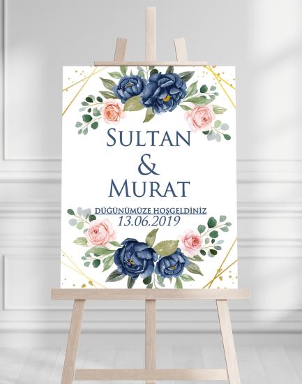Söz Nişan Düğün İçin 50x70 Karşılama Panosu - Mavi Gül Desenli
