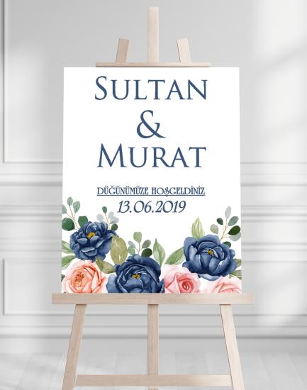 Söz Nişan Düğün İçin 50x70 Karşılama Panosu - Mavi Gül Tasarımlı 003