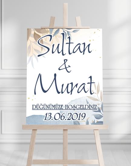 Söz Nişan Düğün İçin 50x70 Karşılama Panosu - Mavi Pastel Tasarımlı