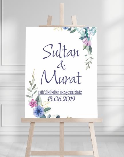 Söz Nişan Düğün İçin 50x70 Karşılama Panosu - Mavi Renk Çiçek Temalı 03