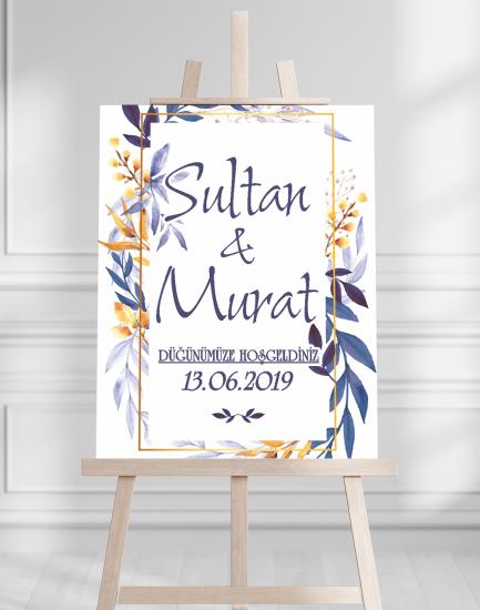 Söz Nişan Düğün İçin 50x70 Karşılama Panosu - Mavi Renk Çiçek Temalı 04