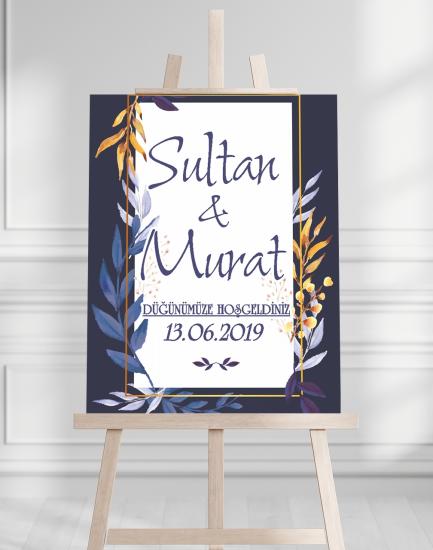 Söz Nişan Düğün İçin 50x70 Karşılama Panosu - Mavi Renk Çiçek Temalı 06