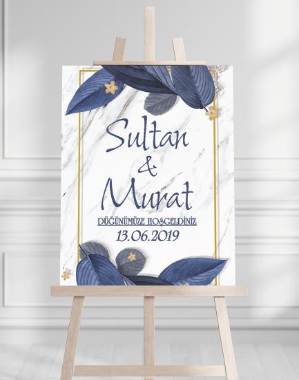 Söz Nişan Düğün İçin 50x70 Karşılama Panosu - Mavi Renk Çiçek Temalı 07