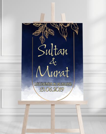 Söz Nişan Düğün İçin 50x70 Karşılama Panosu - Mavi ve Altın Çiçek Desenli
