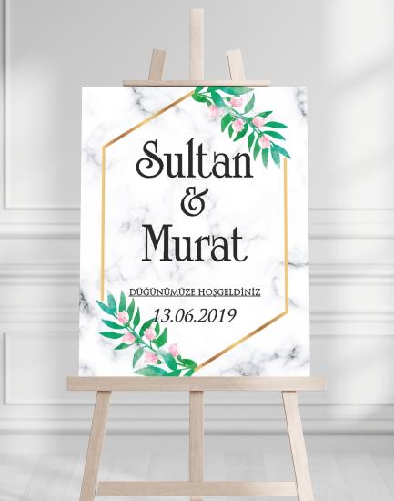 Söz Nişan Düğün İçin 50x70 Karşılama Panosu - Mermer ve Çiçek Tasarımlı