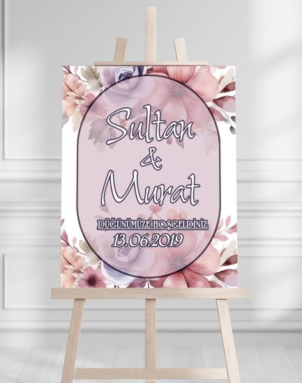 Söz Nişan Düğün İçin 50x70 Karşılama Panosu - Mor Çiçek Desenli 002