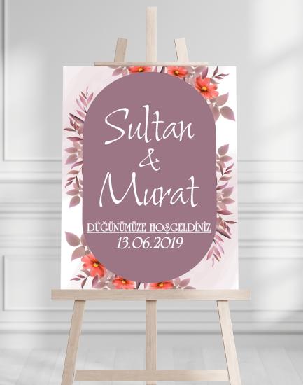 Söz Nişan Düğün İçin 50x70 Karşılama Panosu - Mor Çiçek Desenli 003