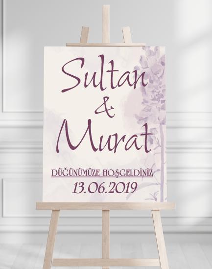 Söz Nişan Düğün İçin 50x70 Karşılama Panosu - Mor Çiçek Desenli 004