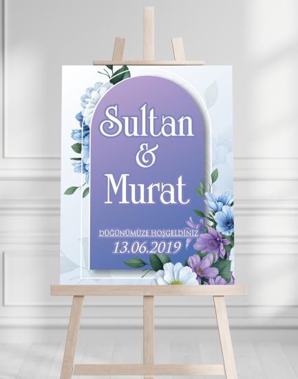 Söz Nişan Düğün İçin 50x70 Karşılama Panosu - Mor Çiçek Tasarımlı 001
