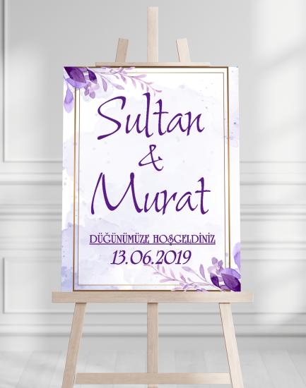 Söz Nişan Düğün İçin 50x70 Karşılama Panosu - Mor Çiçek Tasarımlı 002