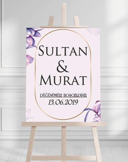 Söz Nişan Düğün İçin 50x70 Karşılama Panosu - Mor Çiçek Tasarımlı 003