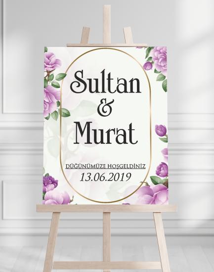 Söz Nişan Düğün İçin 50x70 Karşılama Panosu - Mor Çiçek Tasarımlı 004