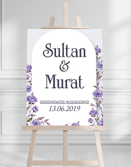 Söz Nişan Düğün İçin 50x70 Karşılama Panosu - Mor Çiçek Tasarımlı 005