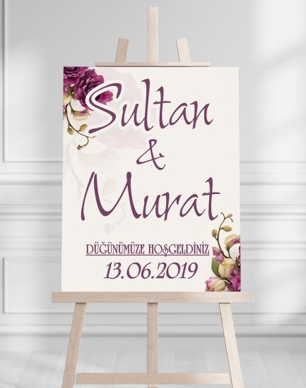 Söz Nişan Düğün İçin 50x70 Karşılama Panosu - Mor Çiçek Tasarımlı 008