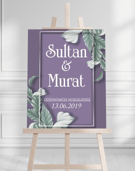Söz Nişan Düğün İçin 50x70 Karşılama Panosu - Mor Desenli