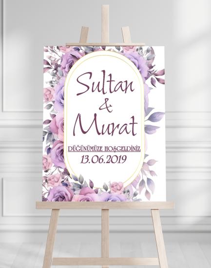Söz Nişan Düğün İçin 50x70 Karşılama Panosu - Mor Gül Desenli