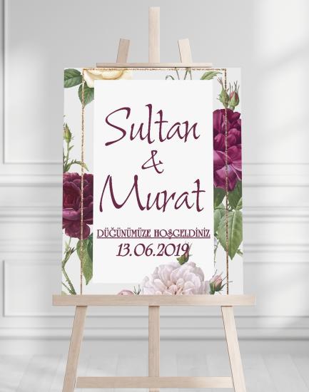 Söz Nişan Düğün İçin 50x70 Karşılama Panosu - Mor Renk Çiçek Temalı