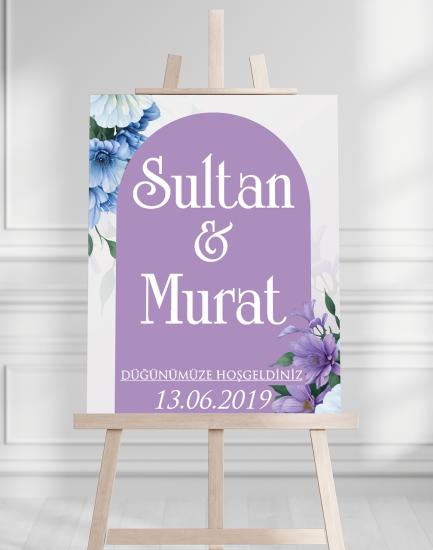Söz Nişan Düğün İçin 50x70 Karşılama Panosu - Mor ve Mavi Çiçekli