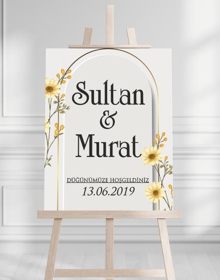 Söz Nişan Düğün İçin 50x70 Karşılama Panosu - Papatya Çiçek Desenli