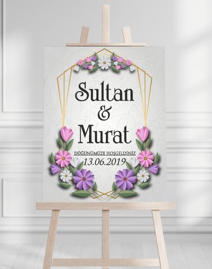 Söz Nişan Düğün İçin 50x70 Karşılama Panosu - Pastel Renkleri Çiçek Temalı 03