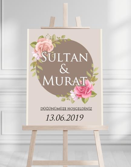 Söz Nişan Düğün İçin 50x70 Karşılama Panosu - Pastel Renkleri Çiçek Temalı