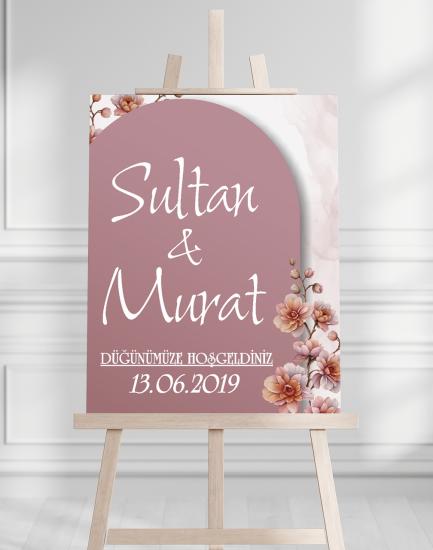 Söz Nişan Düğün İçin 50x70 Karşılama Panosu - Pembe Çiçek Tasarımlı 002