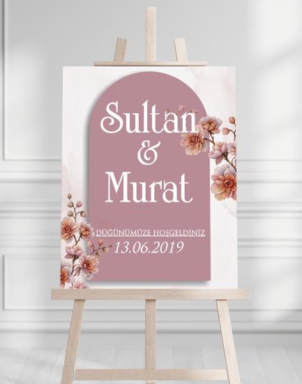 Söz Nişan Düğün İçin 50x70 Karşılama Panosu - Pembe Çiçek Tasarımlı 01