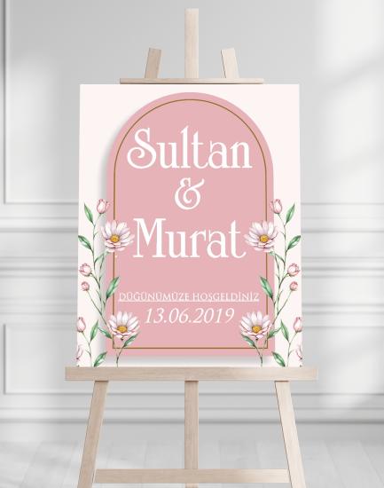 Söz Nişan Düğün İçin 50x70 Karşılama Panosu - Pembe Çiçek Tasarımlı 011