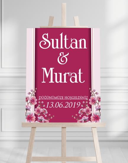 Söz Nişan Düğün İçin 50x70 Karşılama Panosu - Pembe Çiçek Tasarımlı 1