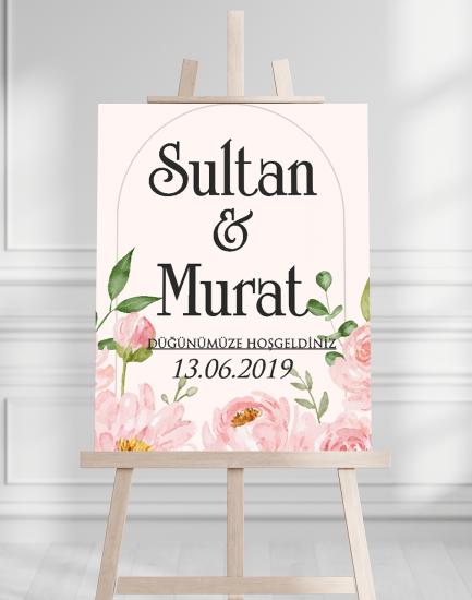 Söz Nişan Düğün İçin 50x70 Karşılama Panosu - Pembe Çiçek ve Yaprak Tasarımlı