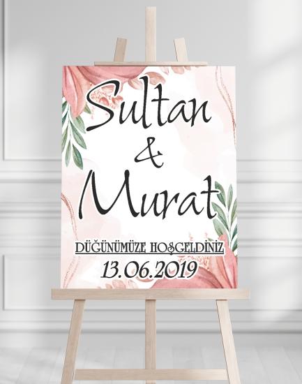 Söz Nişan Düğün İçin 50x70 Karşılama Panosu - Pembe Çiçekli