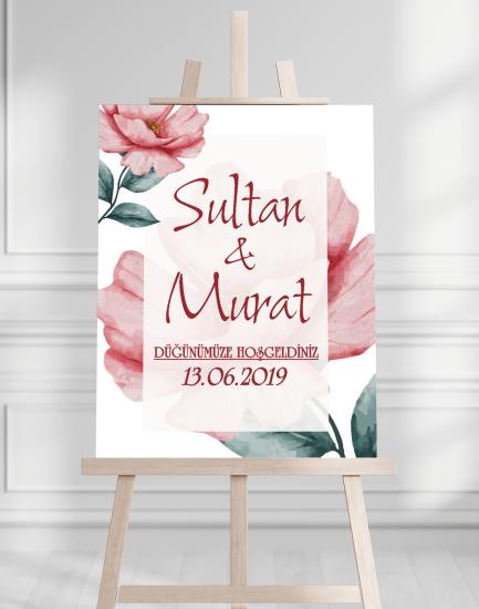 Söz Nişan Düğün İçin 50x70 Karşılama Panosu - Pembe Çiçek Tasarımlı