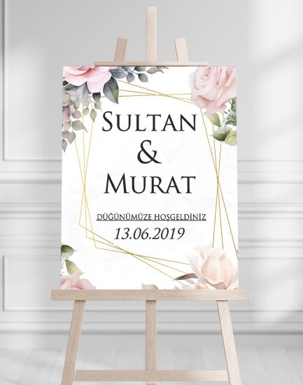 Söz Nişan Düğün İçin 50x70 Karşılama Panosu - Pembe Gül Desenli 003