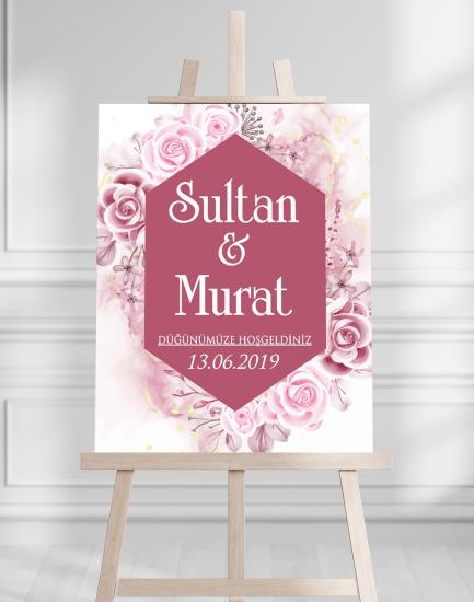 Söz Nişan Düğün İçin 50x70 Karşılama Panosu - Pembe Gül Desenli
