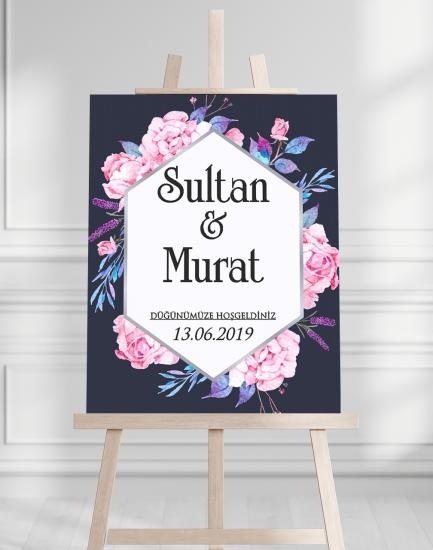 Söz Nişan Düğün İçin 50x70 Karşılama Panosu - Pembe Gül Pastel Tasarımlı